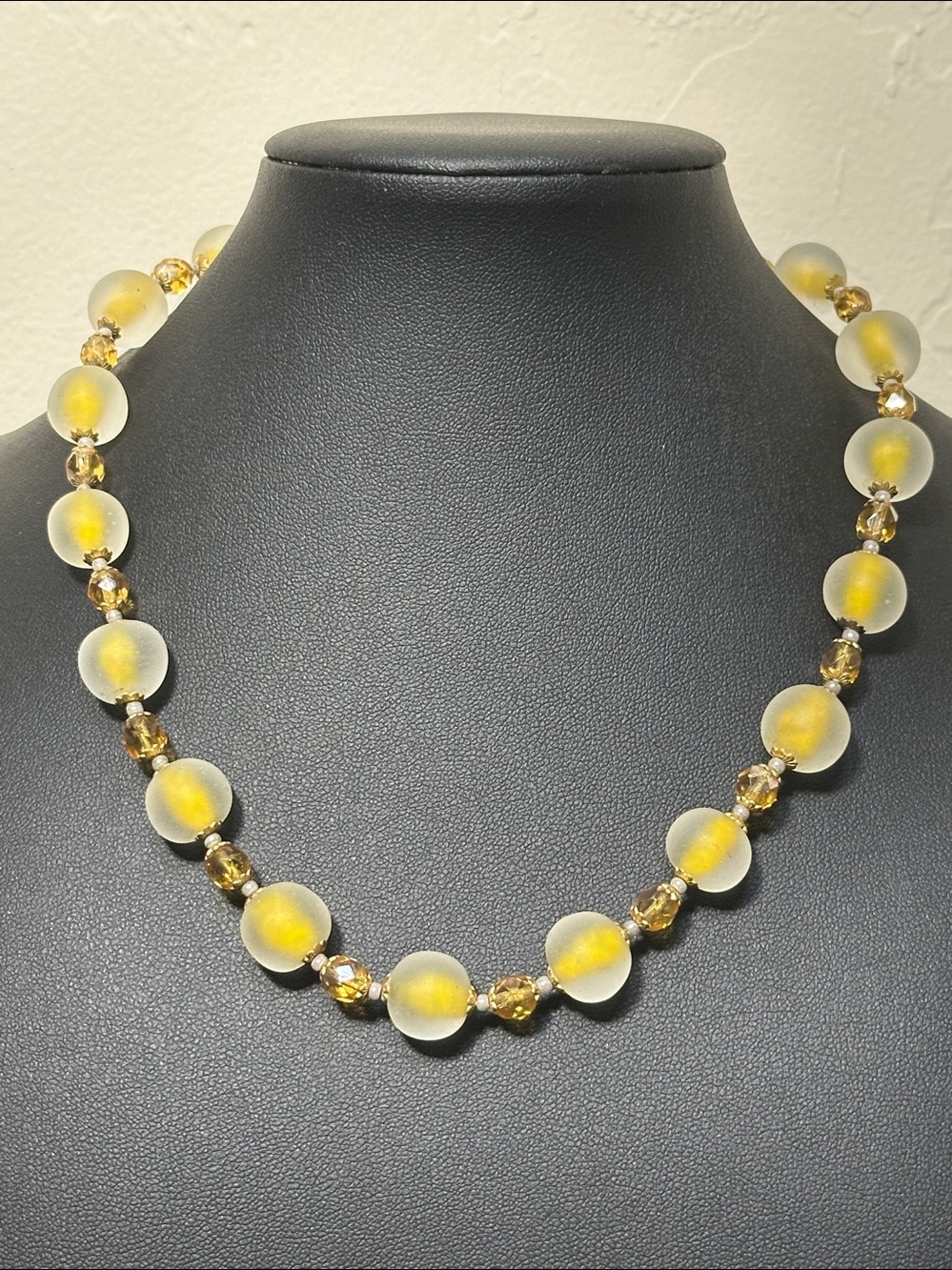 Mid Century Frosted Givre Satin Glass & Faceted Crystal VTG Bead Necklace